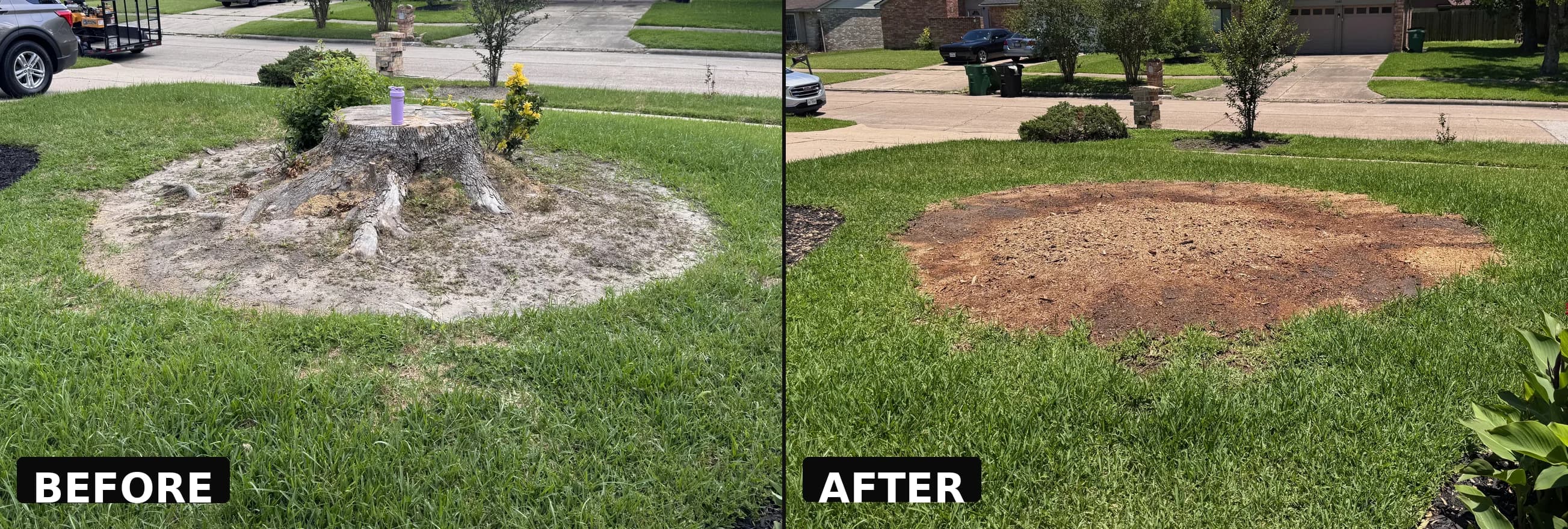 Before and after stump grinding β large decorative yard stump cleared, Houston TX
